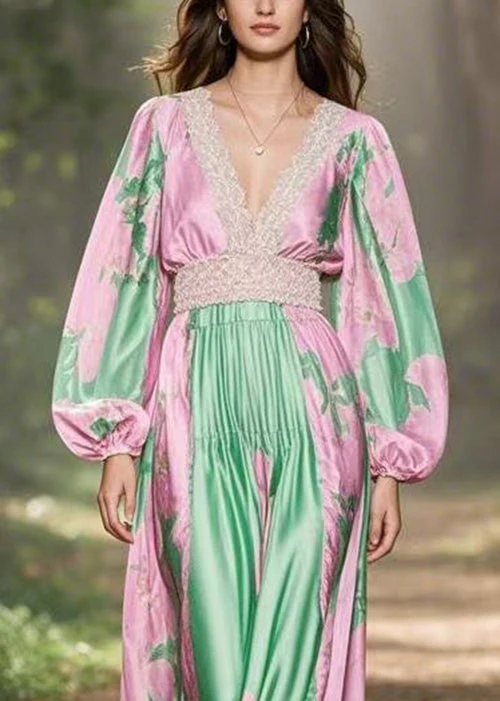 Chic Pink V Neck Print Patchwork Silk Long Dresses Spring - Image 2