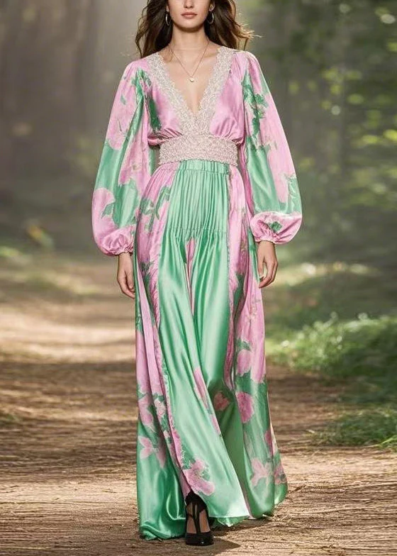 Chic Pink V Neck Print Patchwork Silk Long Dresses Spring - Image 3