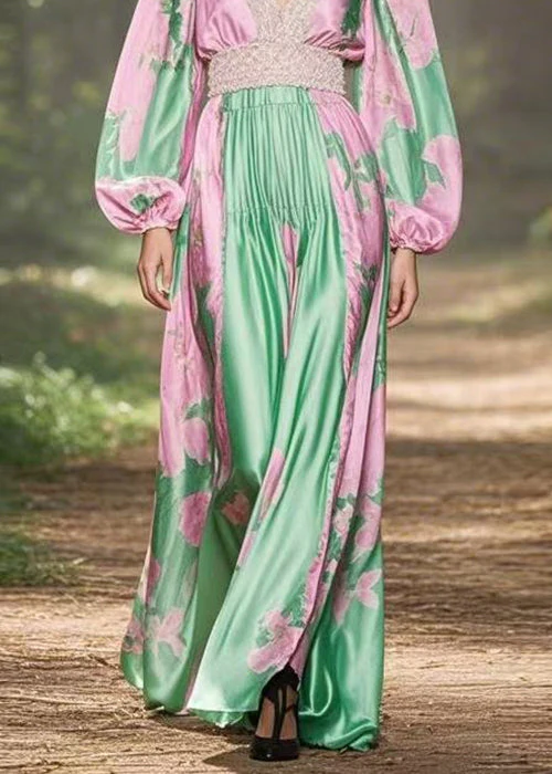 Chic Pink V Neck Print Patchwork Silk Long Dresses Spring - Image 4
