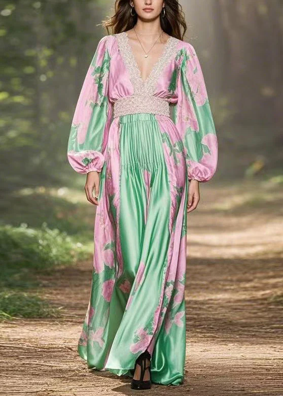 Chic Pink V Neck Print Patchwork Silk Long Dresses Spring - Image 5