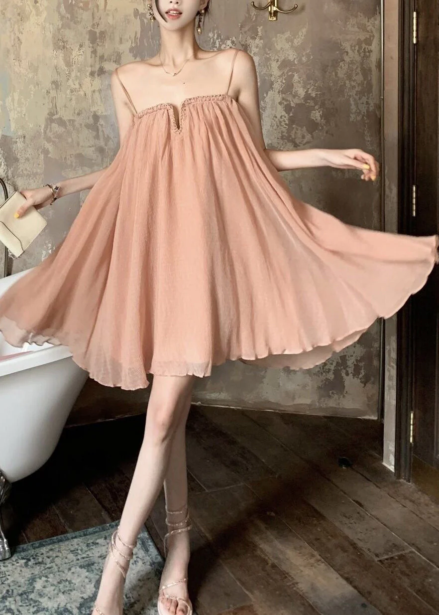Chic Pink Wrinkled Tulle Spaghetti Strap Dress Summer - Image 3