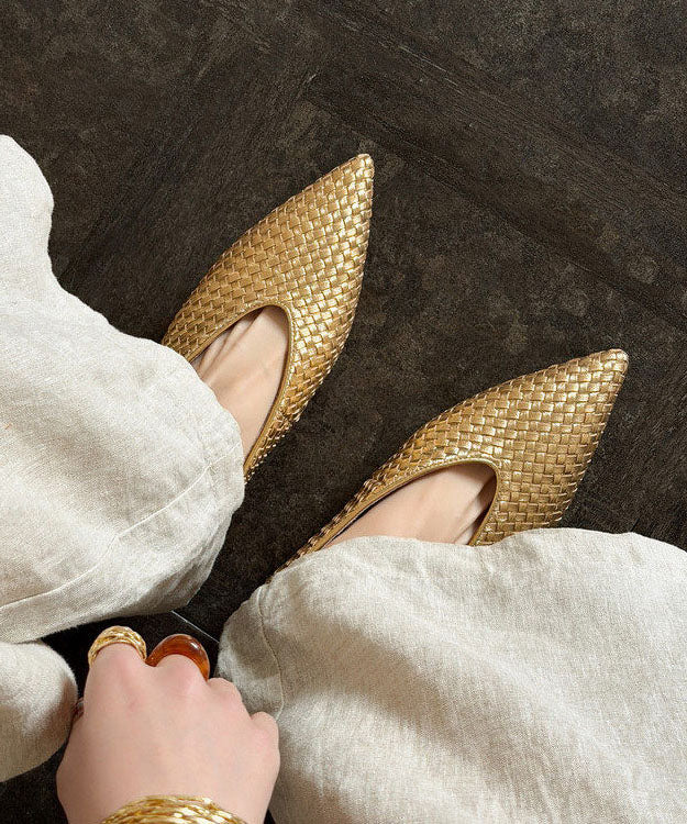 Chic Pointed Toe Wedge Shoes Gold Cowhide Leather - Image 4