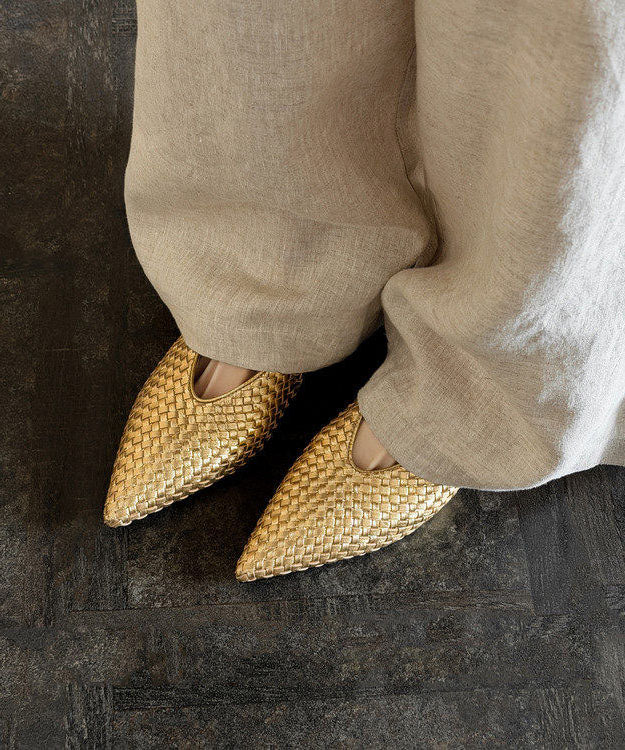 Chic Pointed Toe Wedge Shoes Gold Cowhide Leather - Image 5