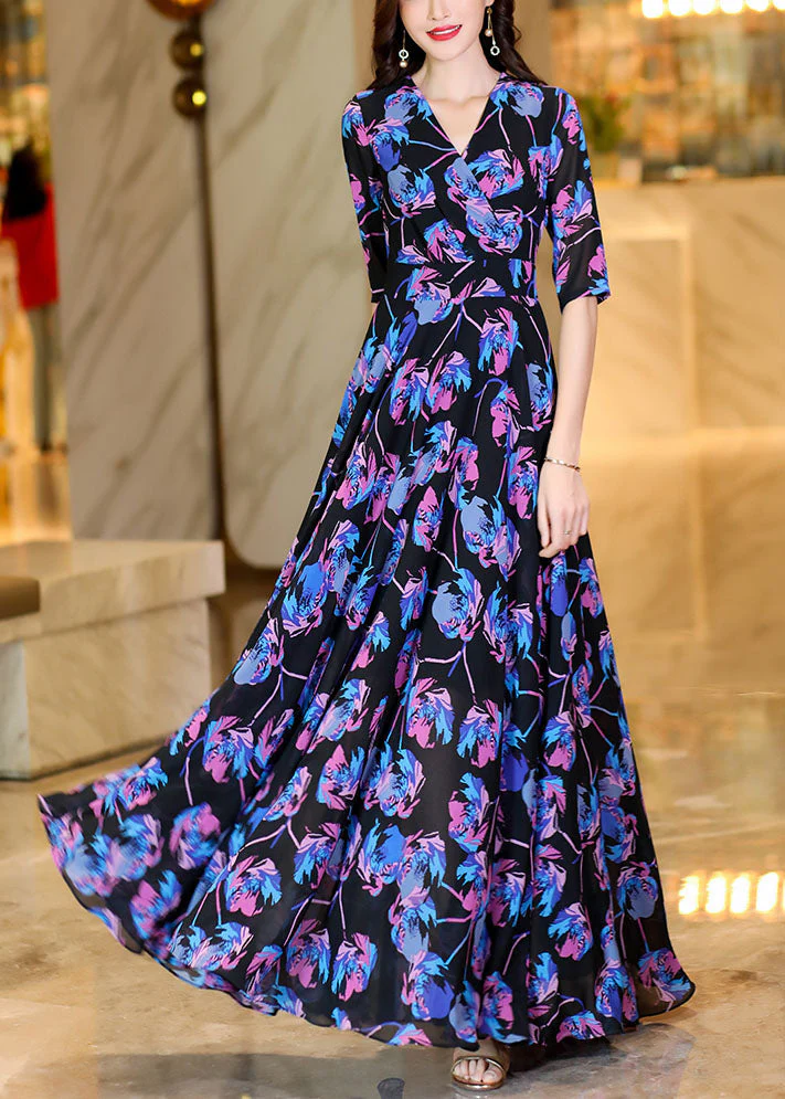 Chic Print High Waist Holiday Chiffon Maxi Dress Half Sleeve - Image 2