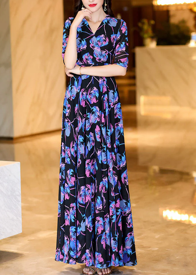 Chic Print High Waist Holiday Chiffon Maxi Dress Half Sleeve - Image 3
