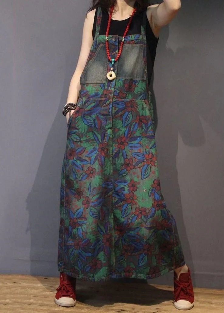 Chic Print Pockets High Waist Denim Straps Dress Sleeveless - Image 2