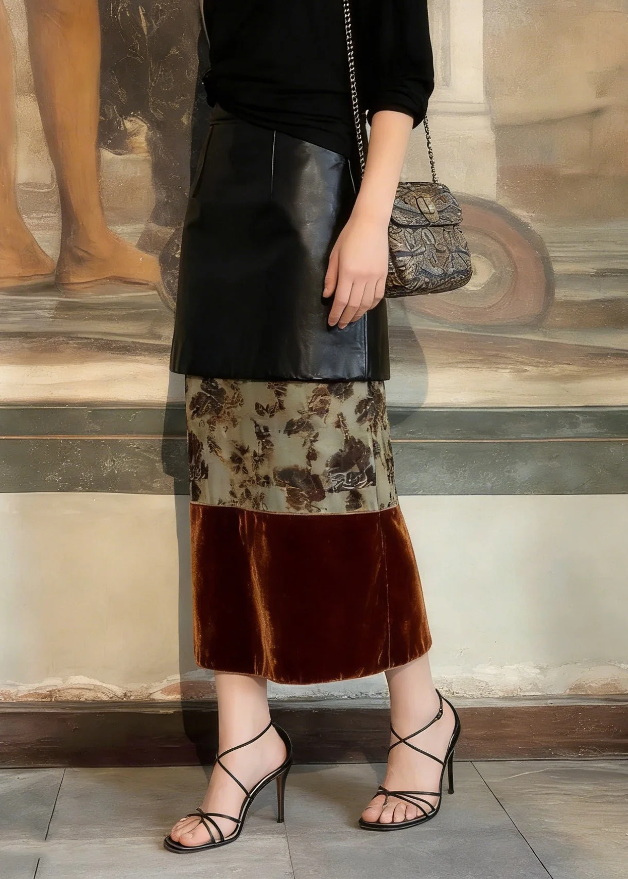 Chic Print Silk Velvet Patchwork Faux Leather Skirt - Image 3