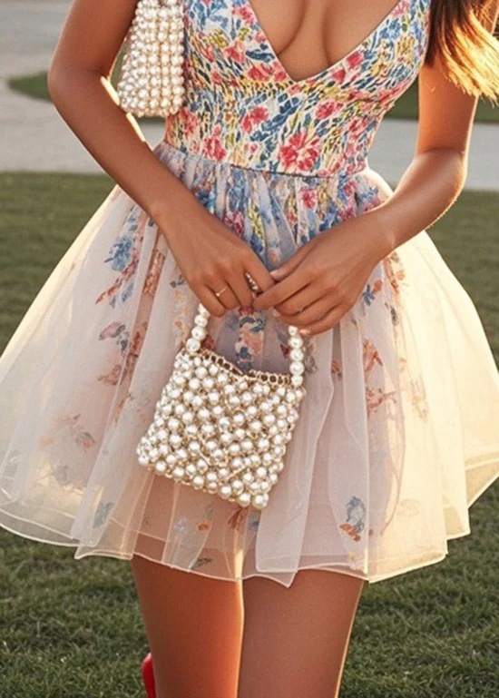 Chic Print V Neck Tulle Patchwork Cotton Mini Dress Summer - Image 4