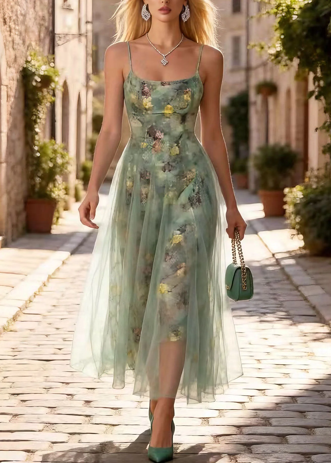 Chic Print Wrinkled Tulle Spaghetti Strap Dress Summer - Image 3