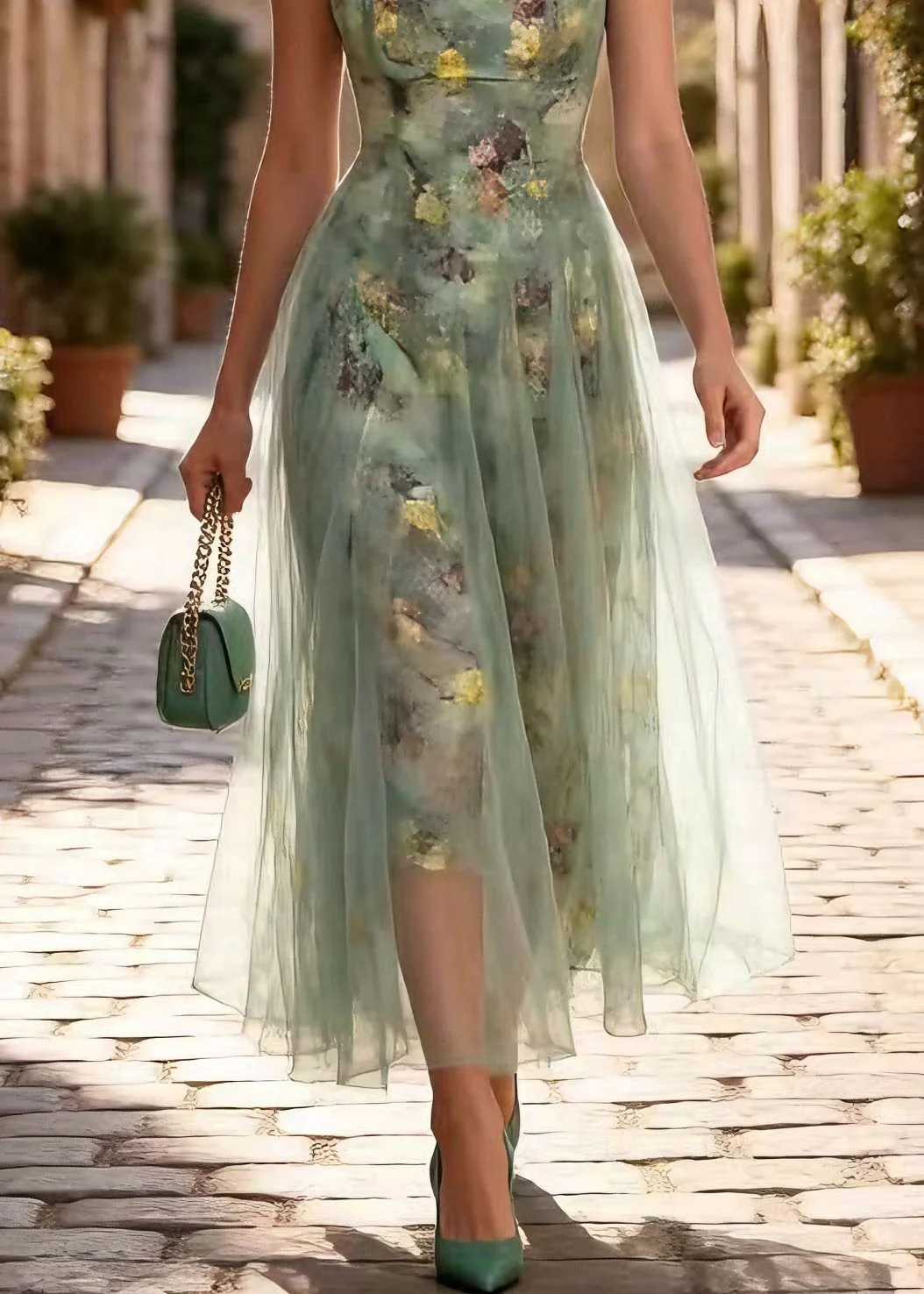 Chic Print Wrinkled Tulle Spaghetti Strap Dress Summer - Image 4