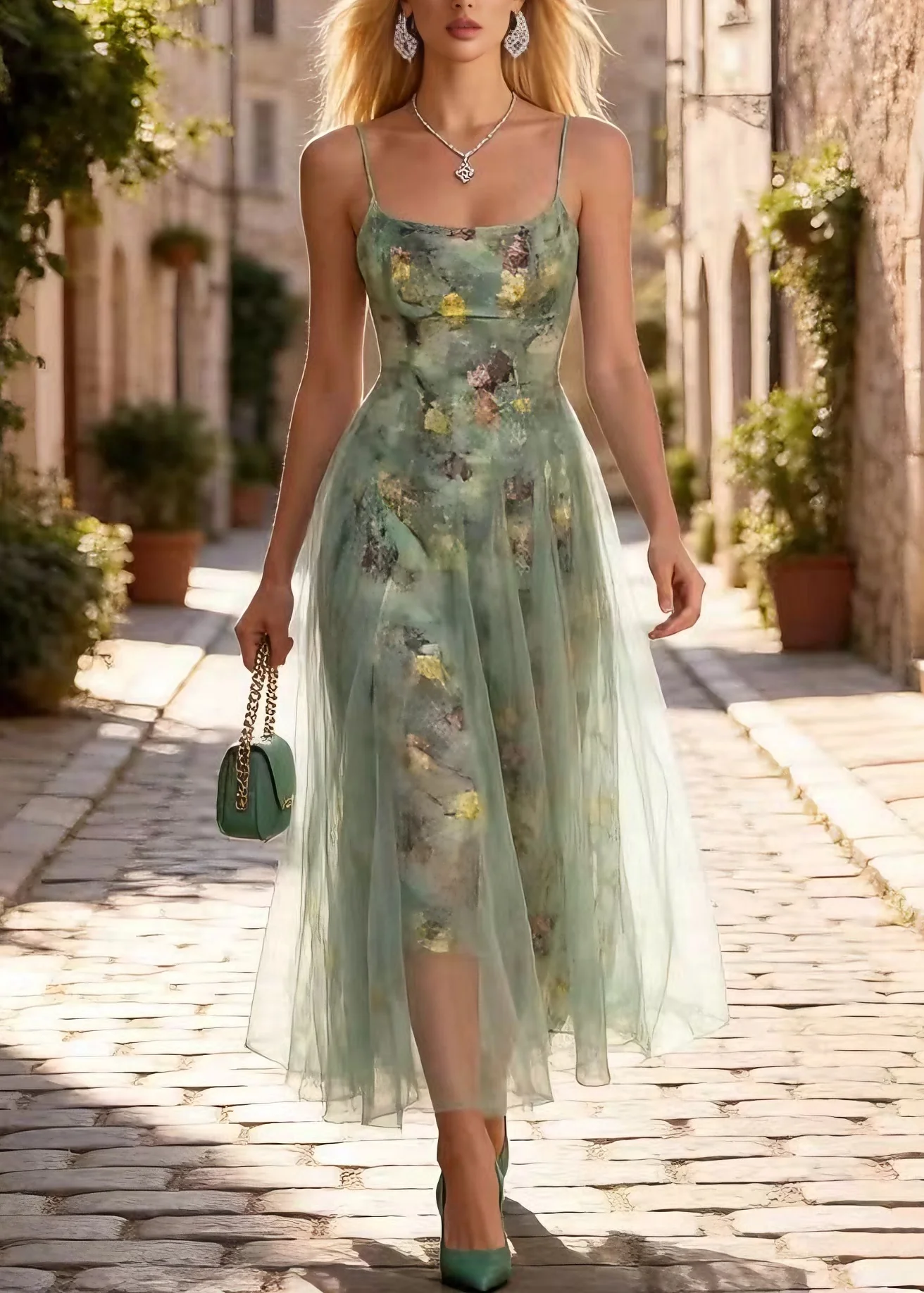Chic Print Wrinkled Tulle Spaghetti Strap Dress Summer - Image 5
