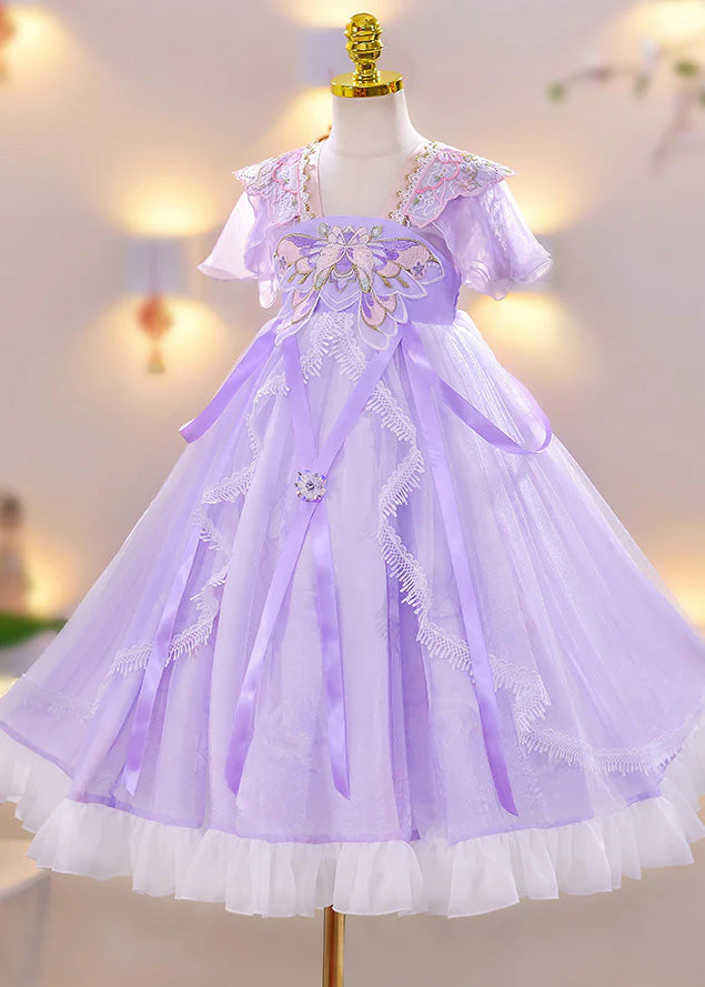 Chic Purple Embroideried Tassel Lace Patchwork Tulle Girls Maxi Dress Summer - Image 3
