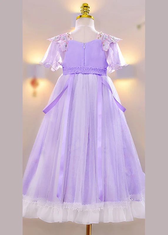Chic Purple Embroideried Tassel Lace Patchwork Tulle Girls Maxi Dress Summer - Image 5