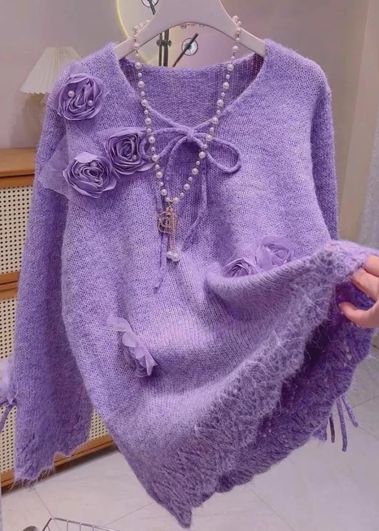 Chic Purple Floral Bow Knit Knit Sweaters Spring - Image 3
