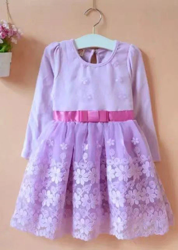 Chic Purple O-Neck Embroideried Floral Patchwork Tie Waist Tulle Kids Mid Dress Long Sleeve