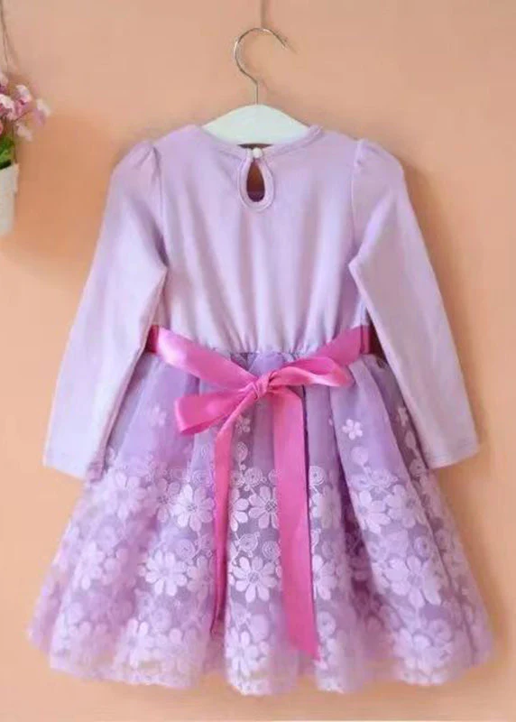 Chic Purple O-Neck Embroideried Floral Patchwork Tie Waist Tulle Kids Mid Dress Long Sleeve - Image 2