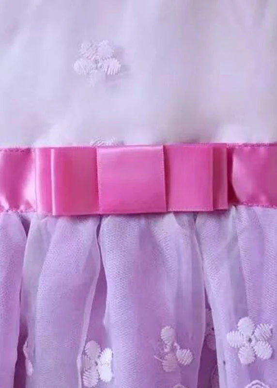 Chic Purple O-Neck Embroideried Floral Patchwork Tie Waist Tulle Kids Mid Dress Long Sleeve - Image 3