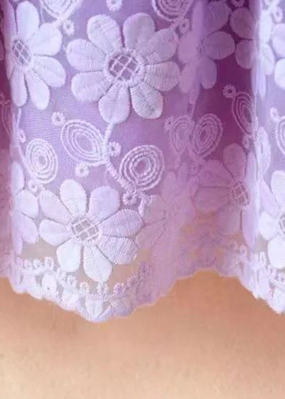 Chic Purple O-Neck Embroideried Floral Patchwork Tie Waist Tulle Kids Mid Dress Long Sleeve - Image 4