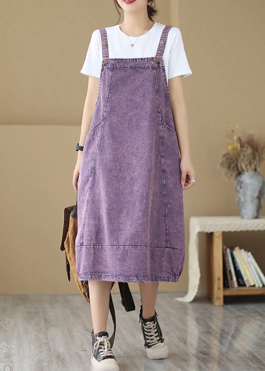 Chic Purple Oversized Patchwork Denim Strap Dress Summer - Image 3