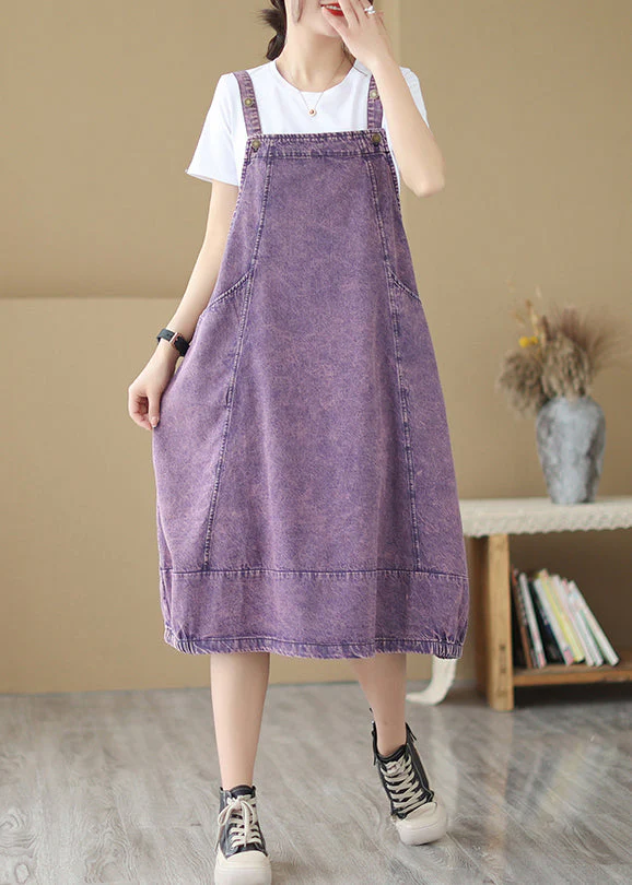 Chic Purple Oversized Patchwork Denim Strap Dress Summer - Image 4