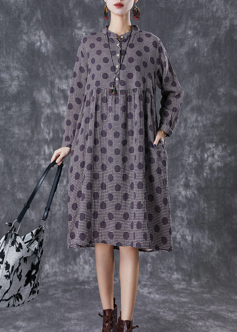 Chic Purple Oversized Print Cotton Vacation Dresses Fall - Image 2