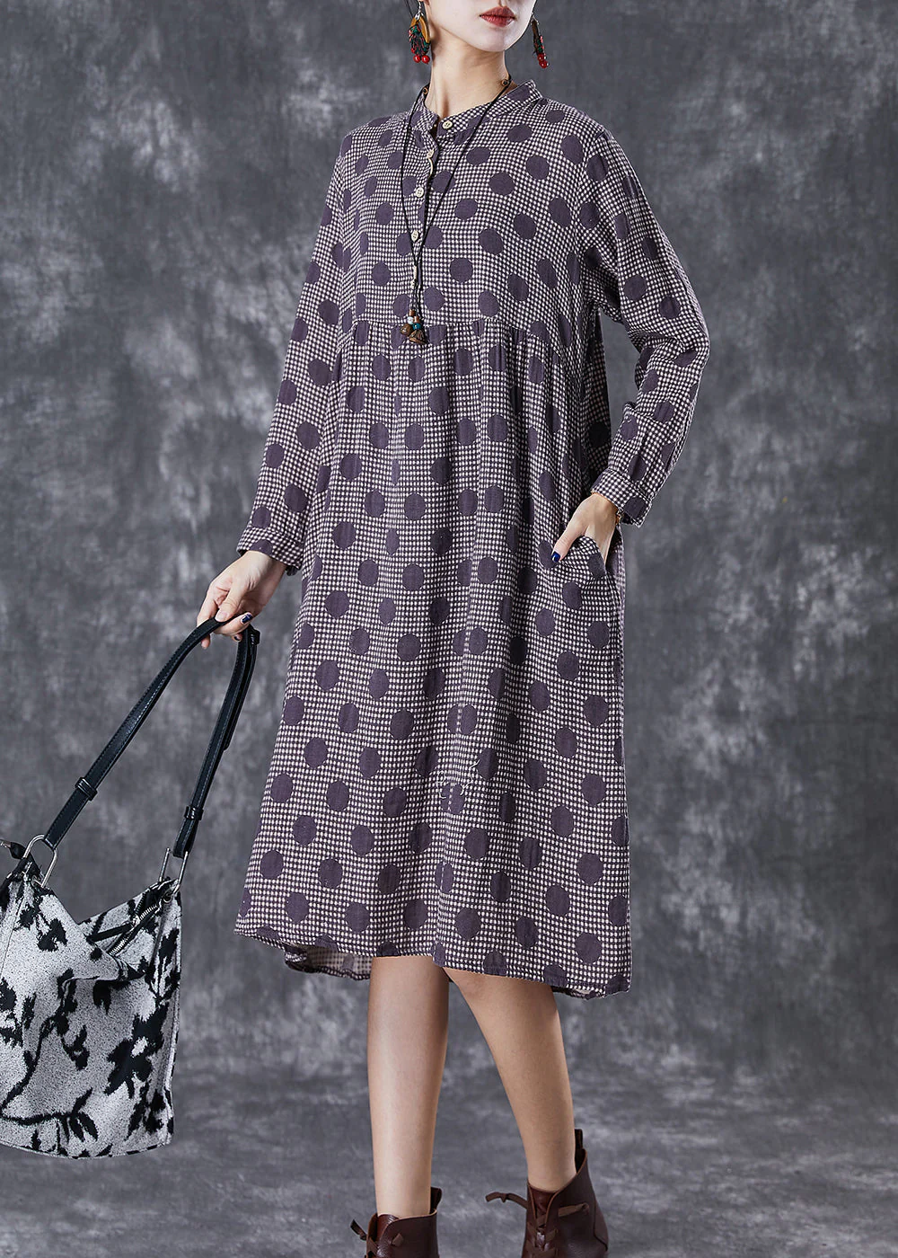 Chic Purple Oversized Print Cotton Vacation Dresses Fall - Image 3