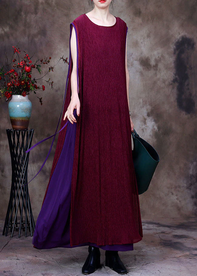 Chic Purple Patchwork O-Neck Silk Fake Two Piece Long Dresses Sleeveless - Image 3
