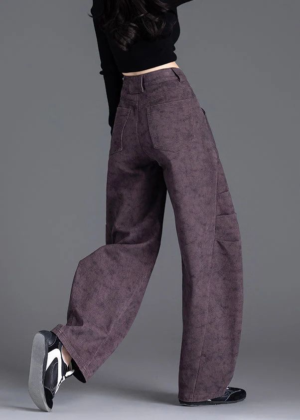 Chic Purple Pockets Print Wrinkled Denim Pants Spring - Image 5