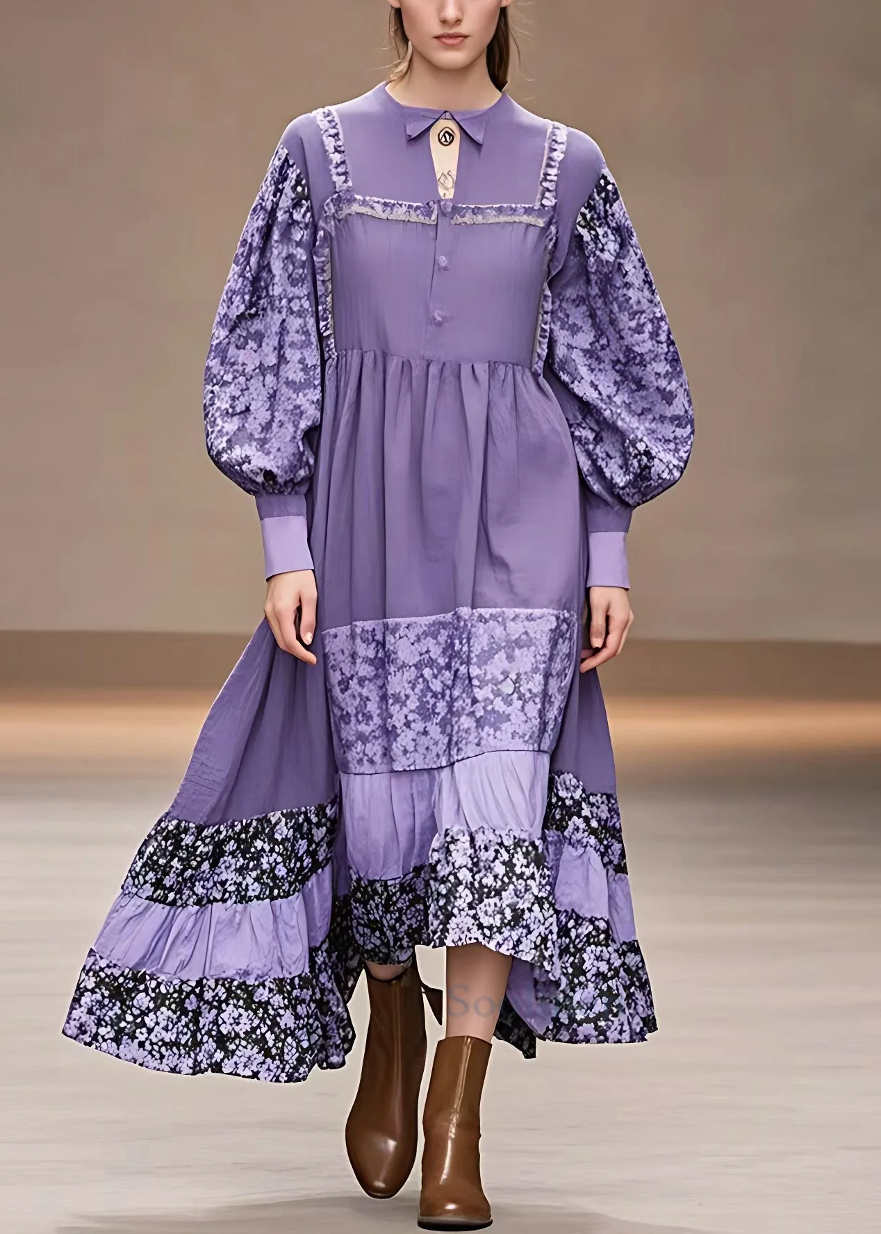 Chic Purple Print Patchwork Cotton Maxi Dresses Long Sleeve - Image 2