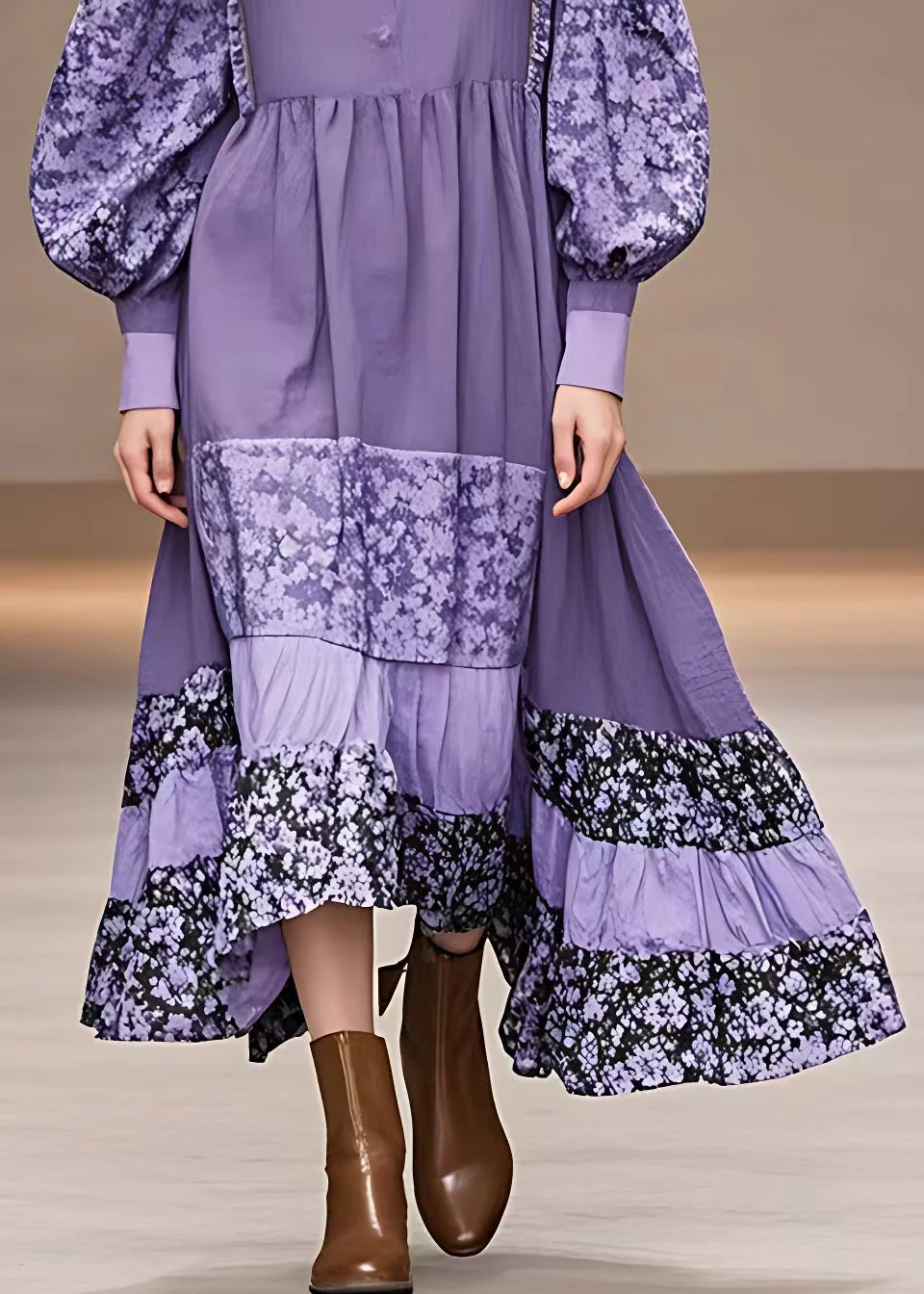 Chic Purple Print Patchwork Cotton Maxi Dresses Long Sleeve - Image 5