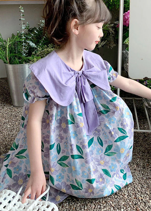 Chic Purple Print Wrinkled Patchwork Cotton Baby Girls Dress Summer - Image 2