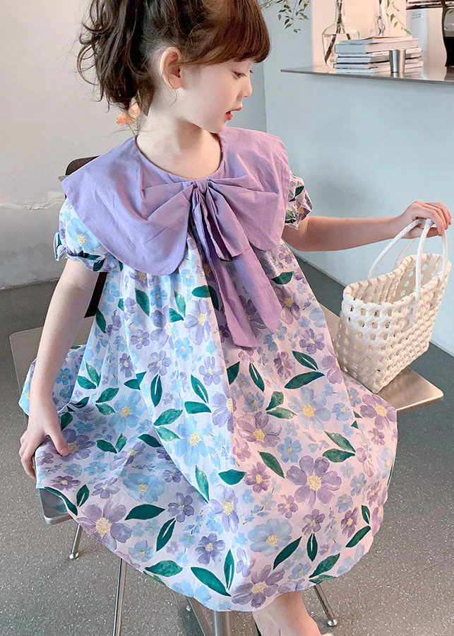 Chic Purple Print Wrinkled Patchwork Cotton Baby Girls Dress Summer - Image 3