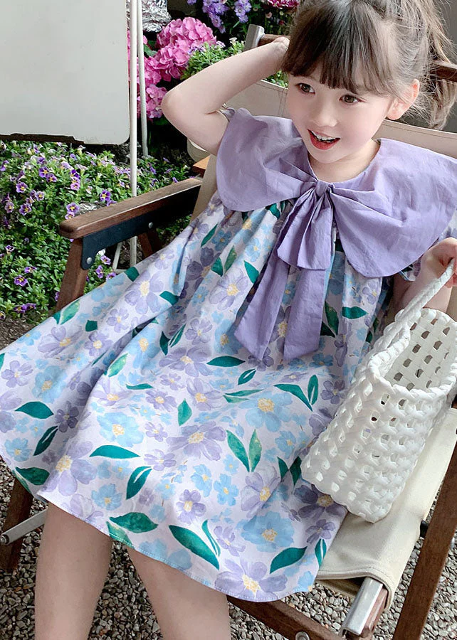 Chic Purple Print Wrinkled Patchwork Cotton Baby Girls Dress Summer - Image 4