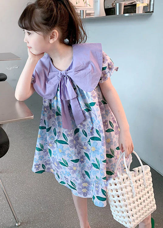 Chic Purple Print Wrinkled Patchwork Cotton Baby Girls Dress Summer - Image 5