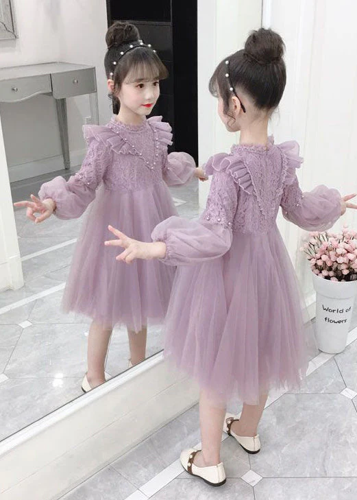 Chic Purple Ruffled Nail Bead Patchwork Tulle Kids Girls Dresses Fall - Image 4