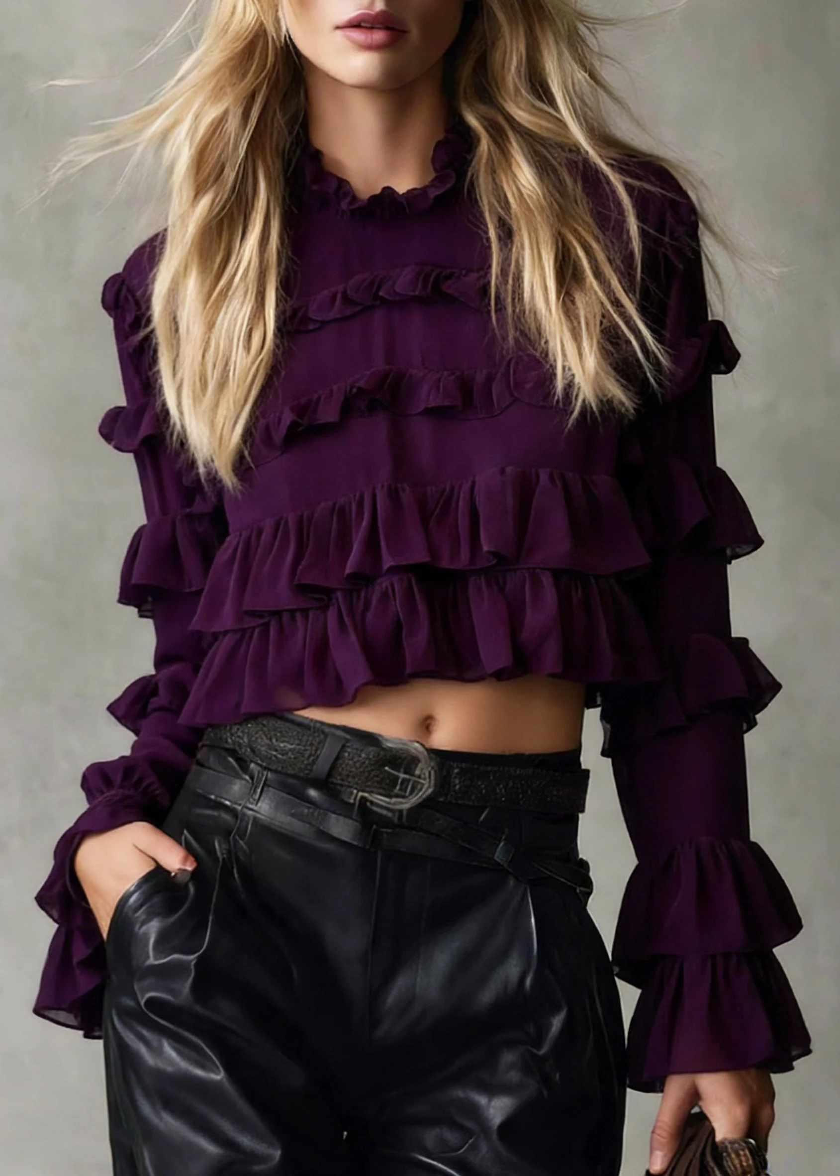 Chic Purple Ruffled Patchwork Chiffon Blouse Tops Spring - Image 3
