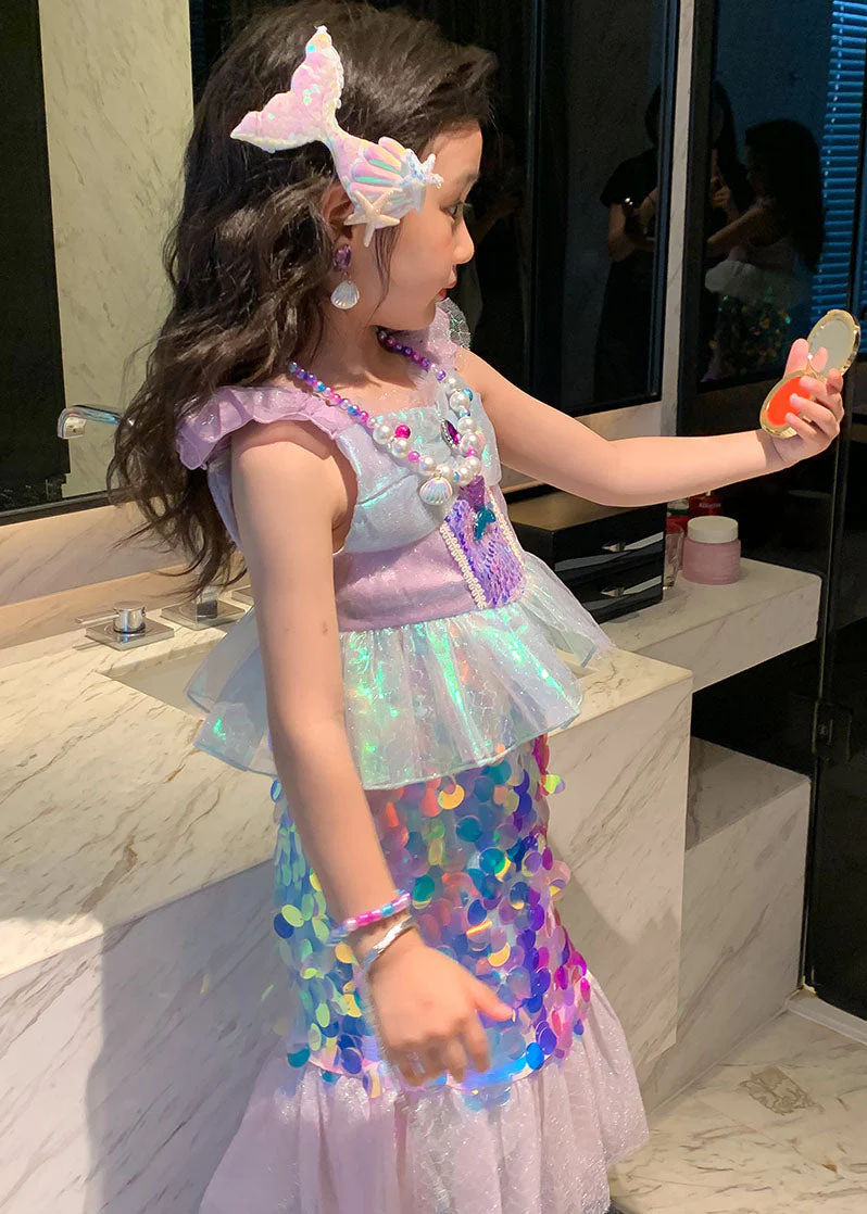 Chic Purple Ruffled SequinsPatchwork Tulle Baby Girls Fish Tail Dress Summer - Image 2