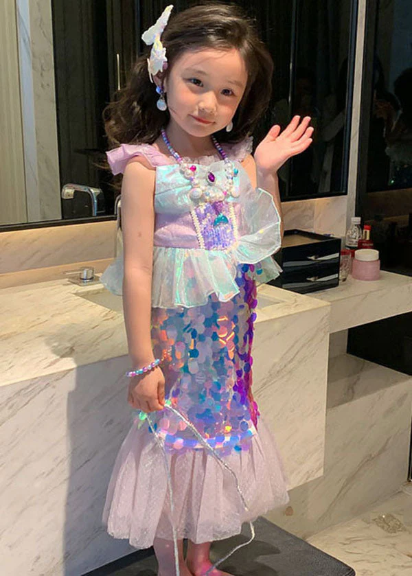 Chic Purple Ruffled SequinsPatchwork Tulle Baby Girls Fish Tail Dress Summer - Image 3
