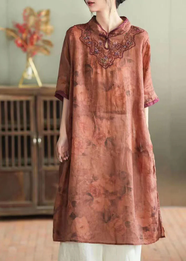 Chic Purple Stand Collar Embroideried Button Linen Long Dress Half Sleeve - Image 2