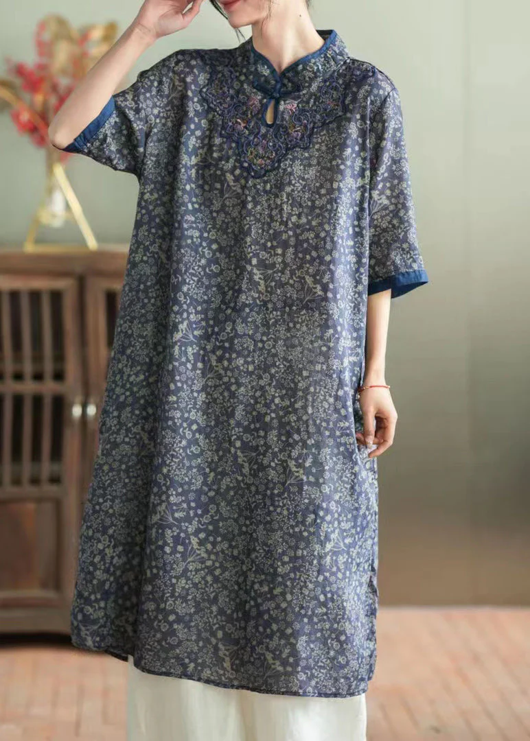 Chic Purple Stand Collar Embroideried Button Linen Long Dress Half Sleeve - Image 3