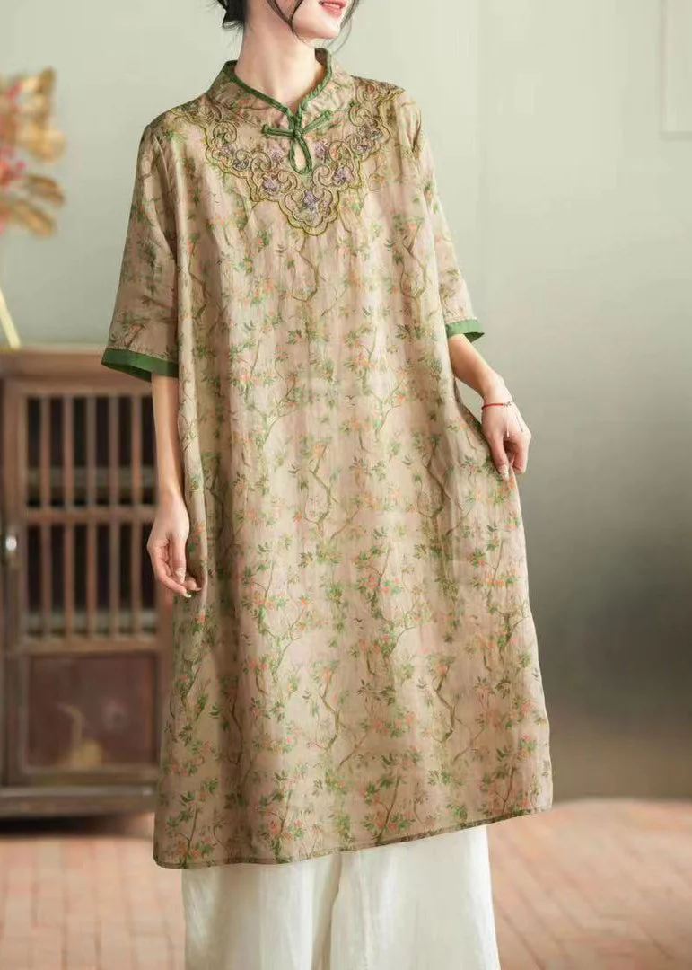 Chic Purple Stand Collar Embroideried Button Linen Long Dress Half Sleeve - Image 4