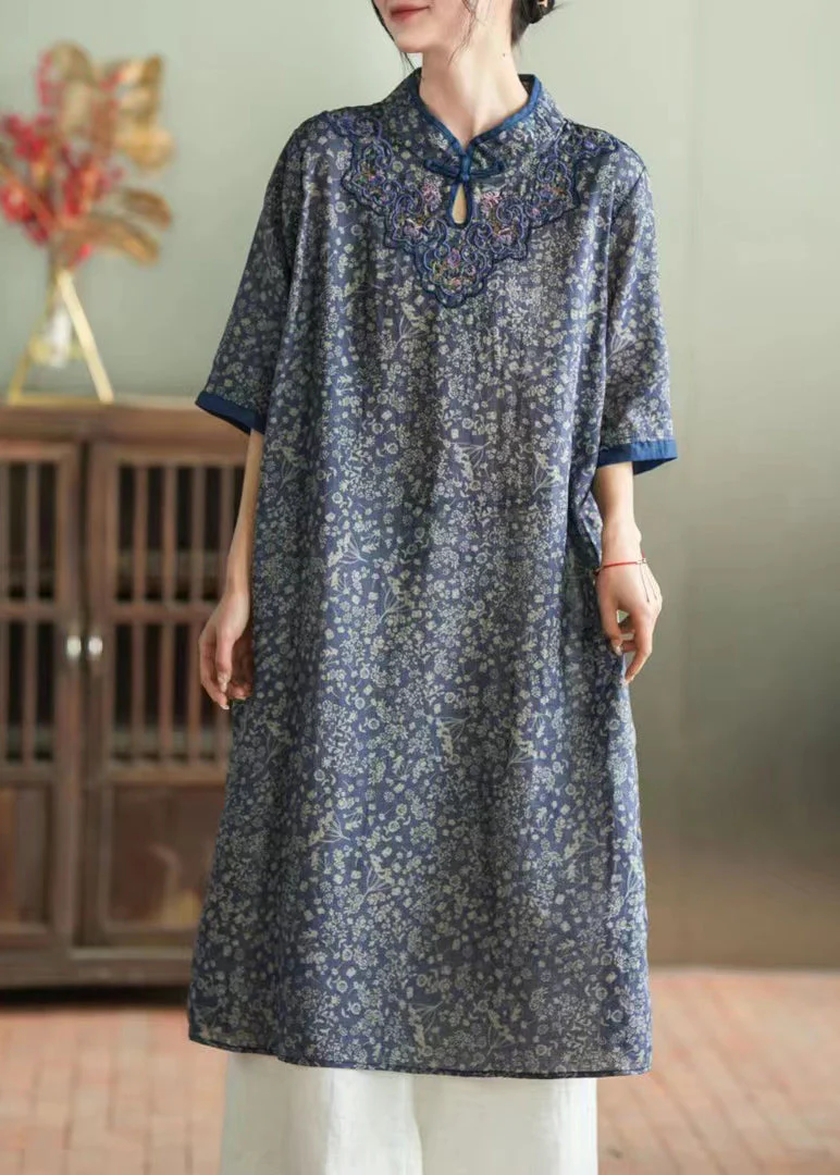 Chic Purple Stand Collar Embroideried Button Linen Long Dress Half Sleeve - Image 5