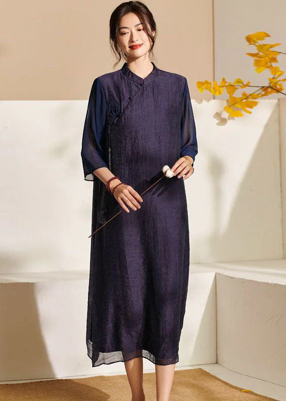 Chic Purple Stand Collar Tasseled Patchwork Silk Dress Summer - Image 2