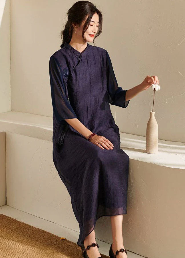 Chic Purple Stand Collar Tasseled Patchwork Silk Dress Summer - Image 3