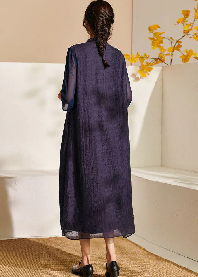 Chic Purple Stand Collar Tasseled Patchwork Silk Dress Summer - Image 4