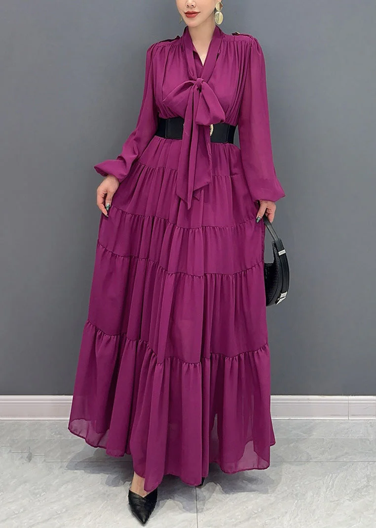 Chic Purple V Neck Patchwork Party Chiffon Long Dress Fall - Image 2