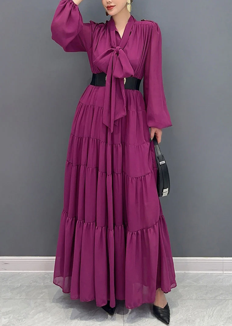 Chic Purple V Neck Patchwork Party Chiffon Long Dress Fall - Image 3