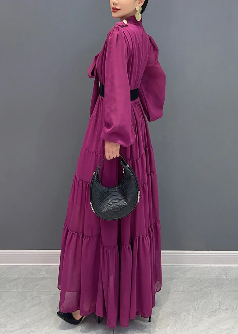Chic Purple V Neck Patchwork Party Chiffon Long Dress Fall - Image 4