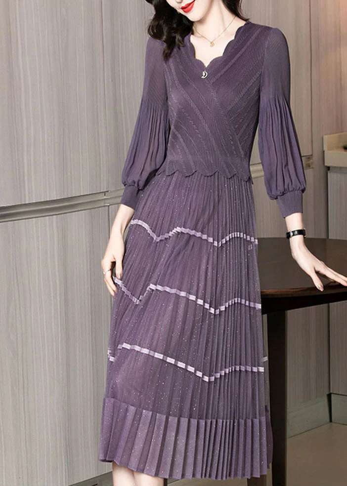 Chic Purple V Neck Patchwork Silk Pleated Dress Long Sleeve - Image 2