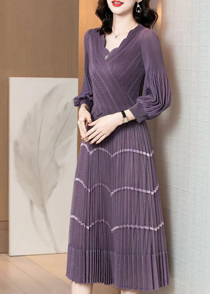 Chic Purple V Neck Patchwork Silk Pleated Dress Long Sleeve - Image 3